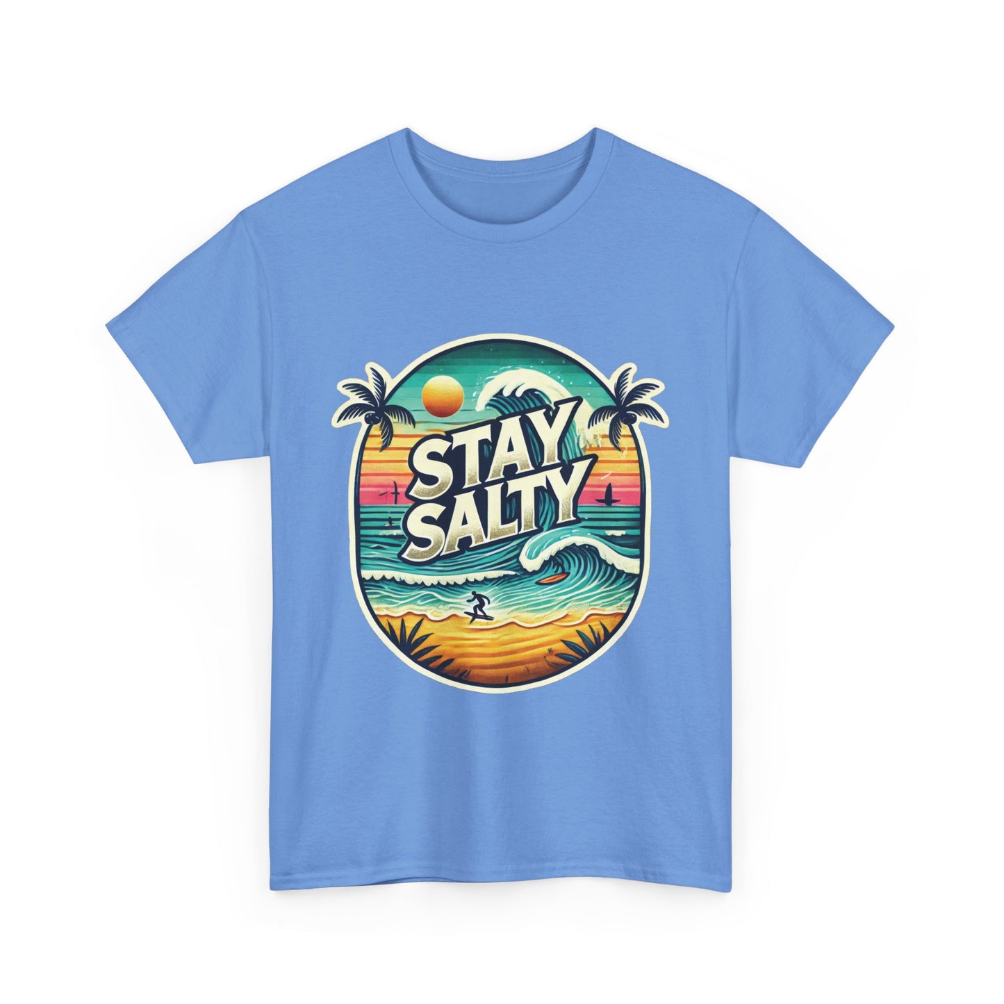 Stay Salty Retro Surf Unisex Heavy Cotton Tee, Vintage Beach Sunset Graphic T-Shirt, Summer Ocean Wave Surfer Shirt, Ocean Lover Gift