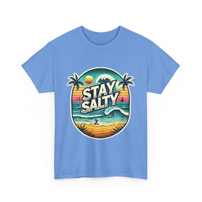 Stay Salty Retro Surf Unisex Heavy Cotton Tee, Vintage Beach Sunset Graphic T-Shirt, Summer Ocean Wave Surfer Shirt, Ocean Lover Gift