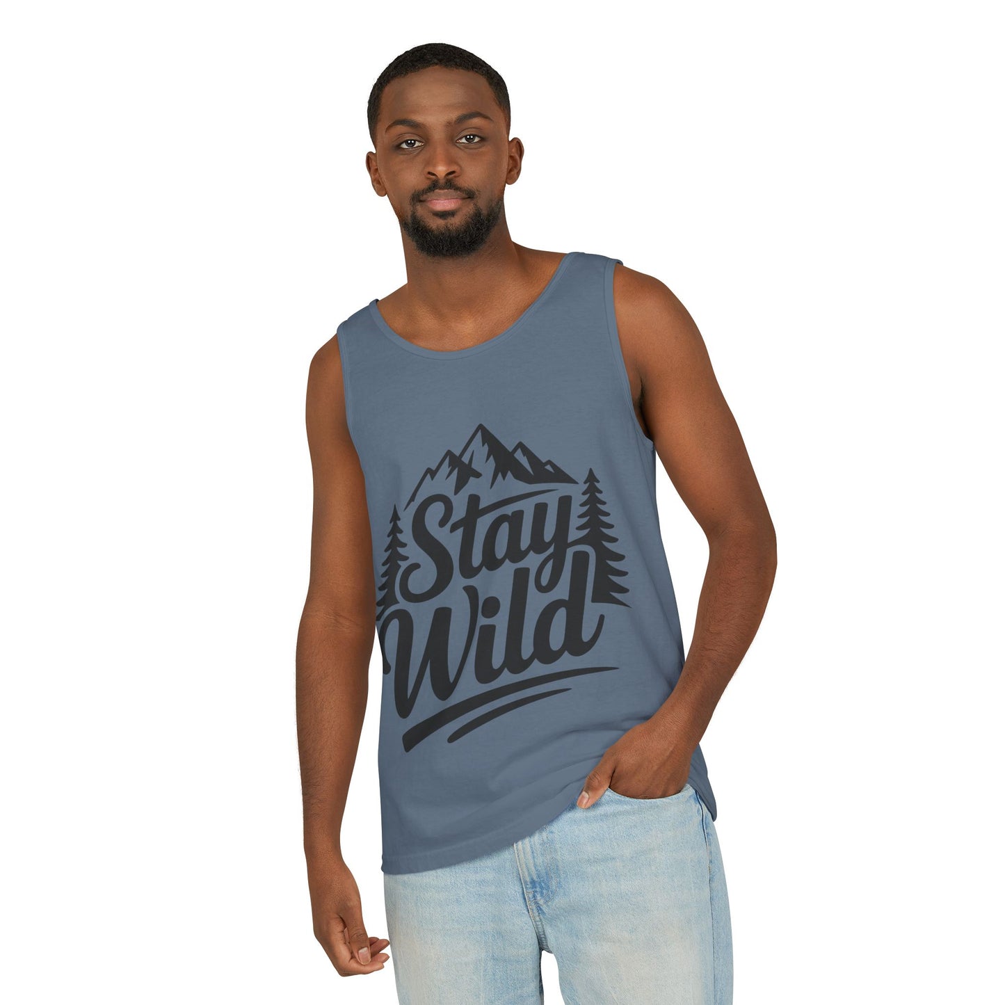 Stay Wild Garment-Dyed Mens Tank Top, Boho Summer Top, Adventure Shirt, Nature Lover Apparel, Gift for Hikers, Outdoor Clothing
