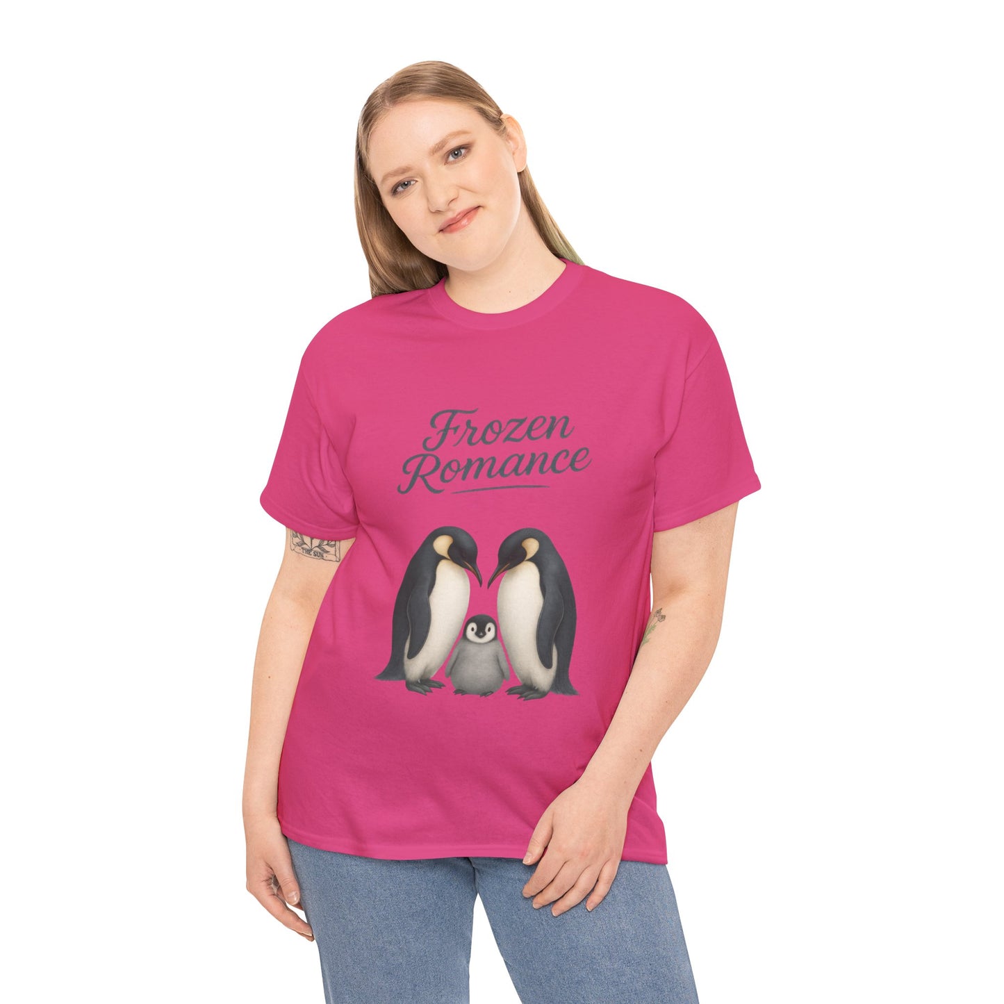 Womens Heavy Cotton Tee, Womens Frozen Romance Penguin T-Shirt, Cute Animal Graphic Tee, Love Birds Shirt Gift