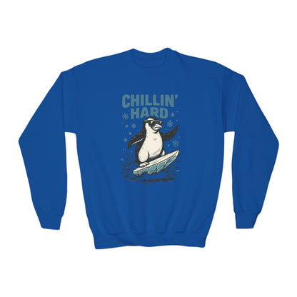 Youth Crewneck Sweatshirt, Kids Chillin Hard Penguin Sweatshirt, Funny Cool Animal Pullover for Children