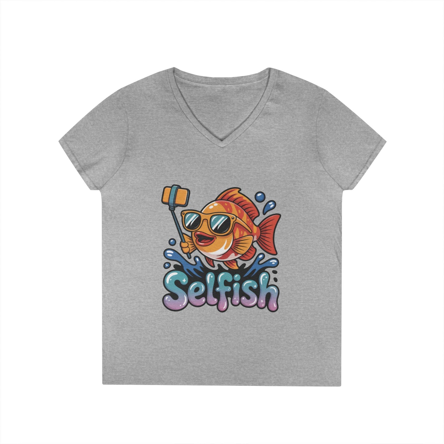 Ladies' V-Neck T-Shirt, Funny Selfie Fish Graphic Womens Tee, Playful Pun Gift for Her, Summer Vibes, Unique Beach Shirt, Outdoor Adventures