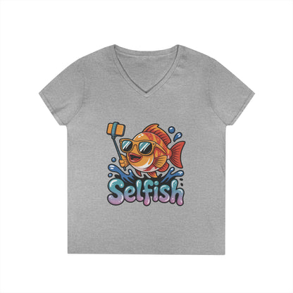 Ladies' V-Neck T-Shirt, Funny Selfie Fish Graphic Womens Tee, Playful Pun Gift for Her, Summer Vibes, Unique Beach Shirt, Outdoor Adventures