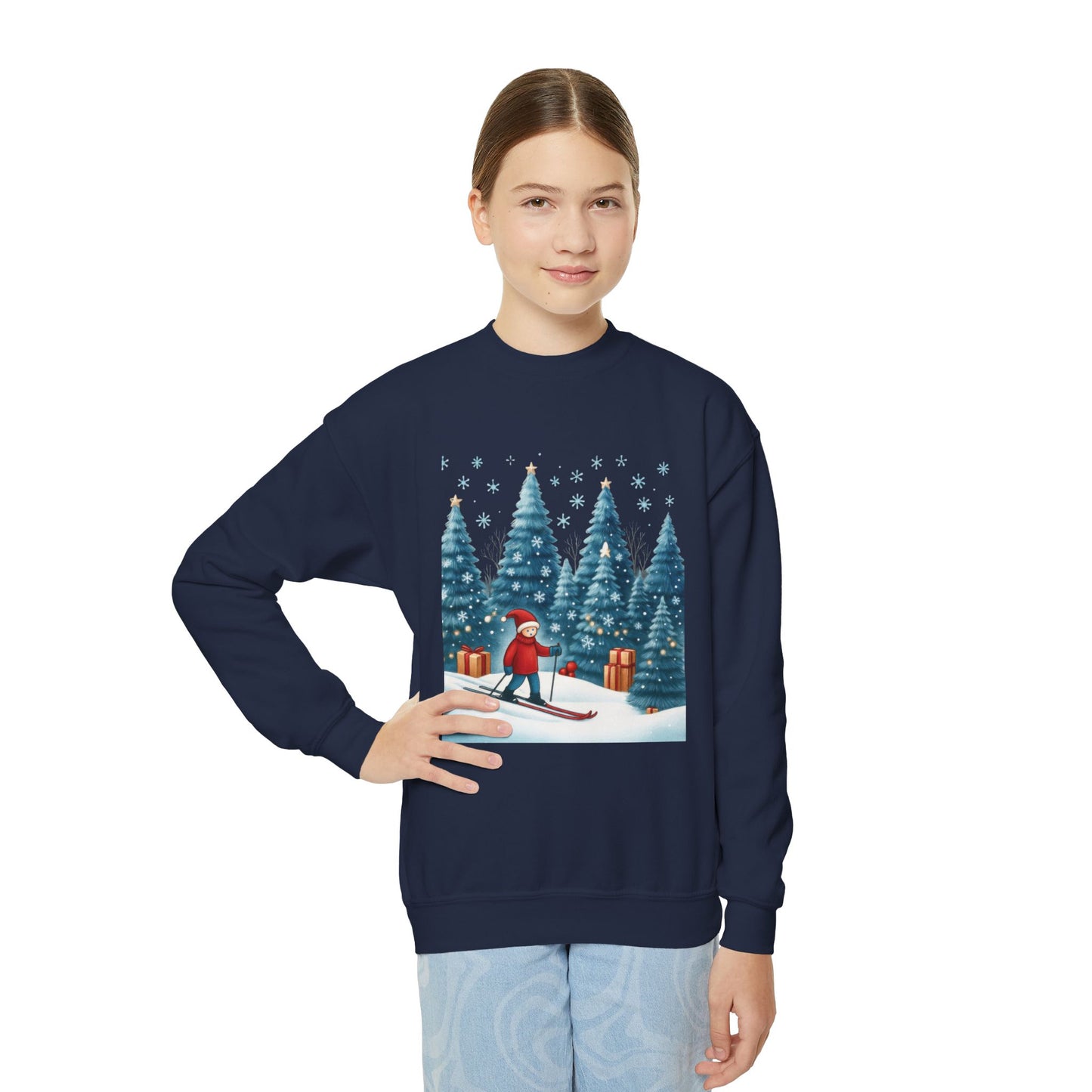 Kids Christmas Skiing Sweatshirt, Cute Holiday Winter Pullover, Youth Crewneck Sweatshirt