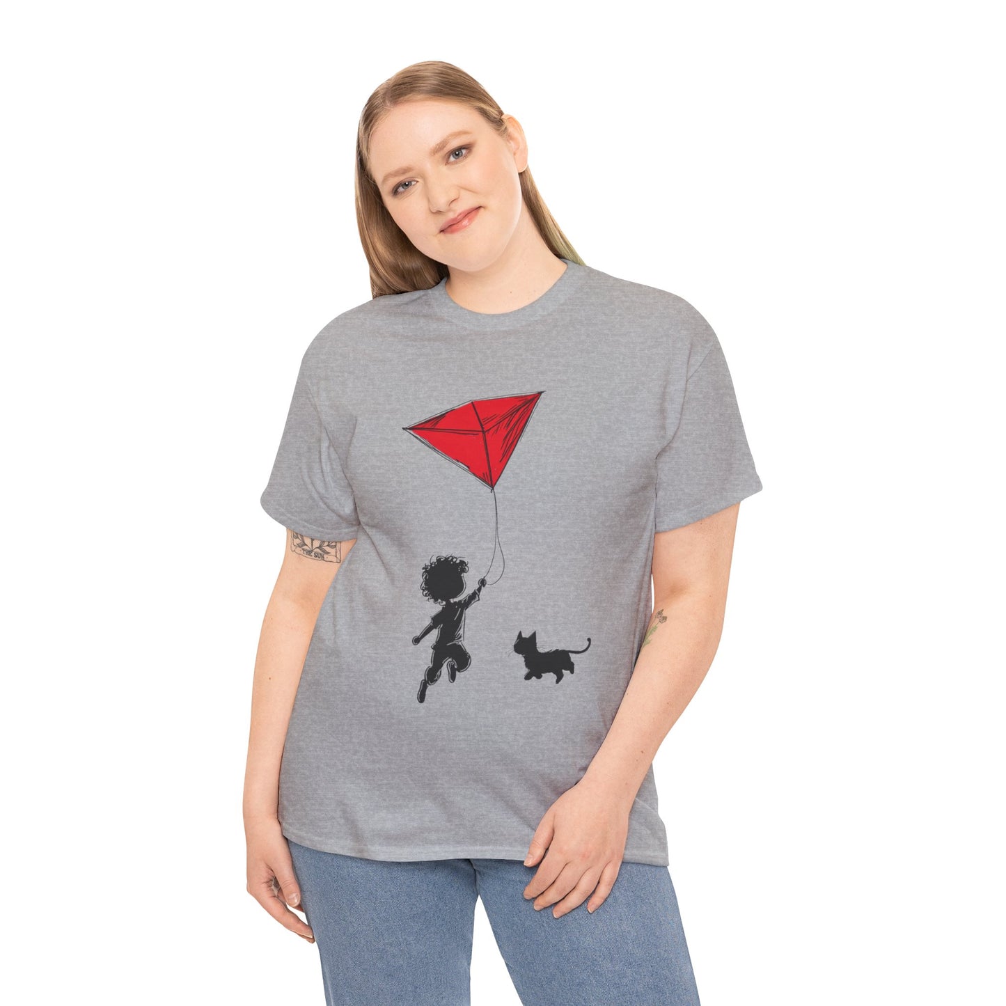 Cute Kid and Cat Design T-Shirt, Playful Gift for Cat Lovers, Summer Style, Cat Lover T-Shirt, Gift for Cat Owners, Women's Cotton T-Shirt