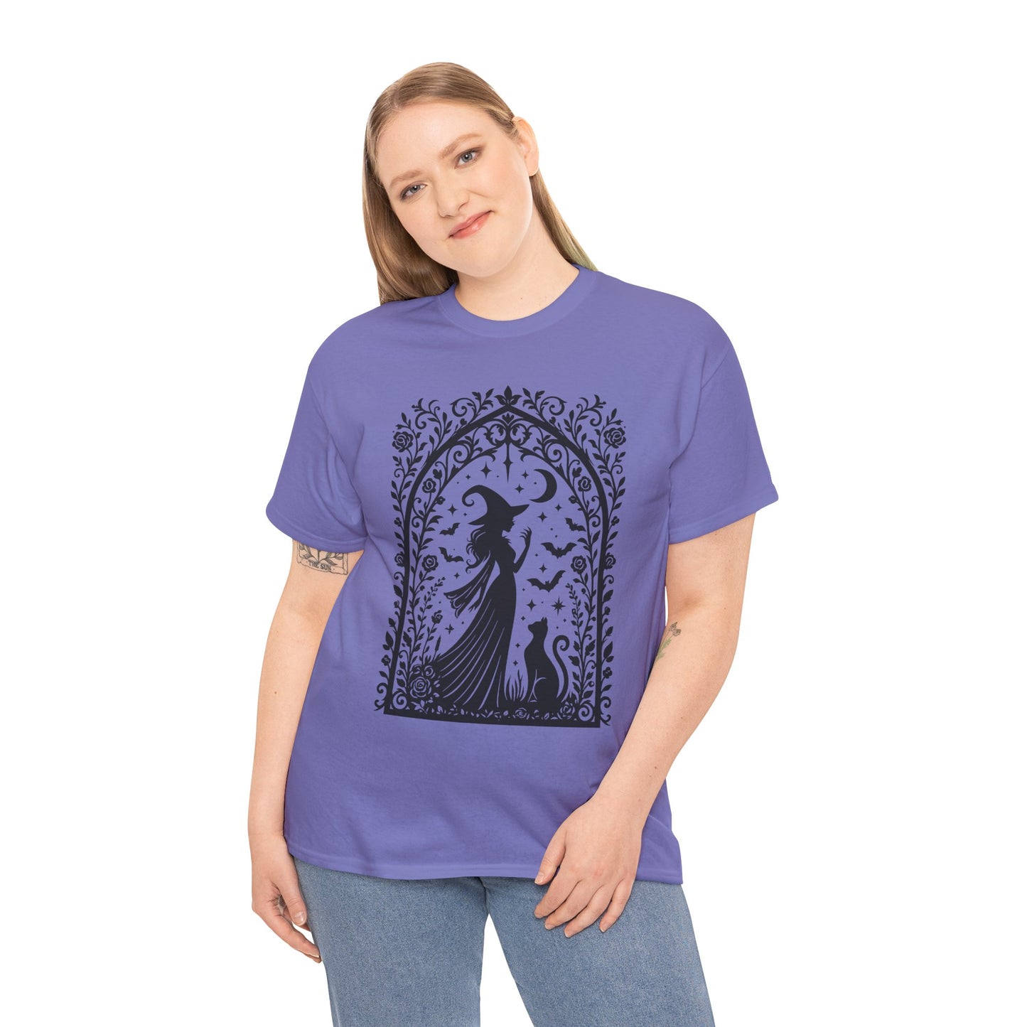 Gothic Witch & Cat Women's T-Shirt, Elegant Halloween Moon Silhouette Witchy Graphic Tee