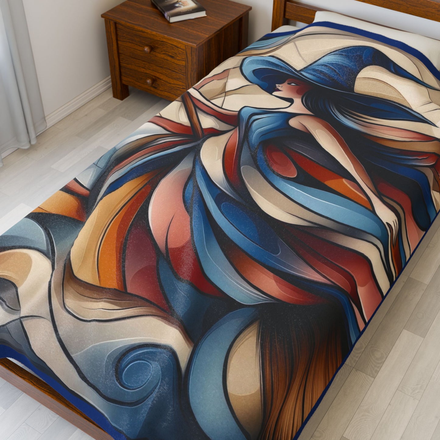 Abstract Witch Flying on Broom Velveteen Plush Blanket, Modern Art Deco Witch Blanket, Halloween Home Decor, Cozy Boho Gothic Throw Gift