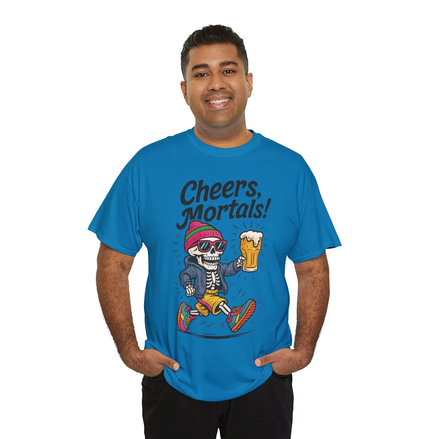 Cheers, Mortals! Mens Tee, Funny Skeleton Beer Graphic Tee, Cool Drinking Humor Shirt, Party Gift for Him, Halloween Tee,  Beer Lovers Gift