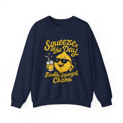 Funny Lemon Womens Sweatshirt - Squeeze The Day Freshly Squeezed Chaos Cozy Pullover - Citrus Positive Crewneck Sweatshirt, Cheerful Fashion