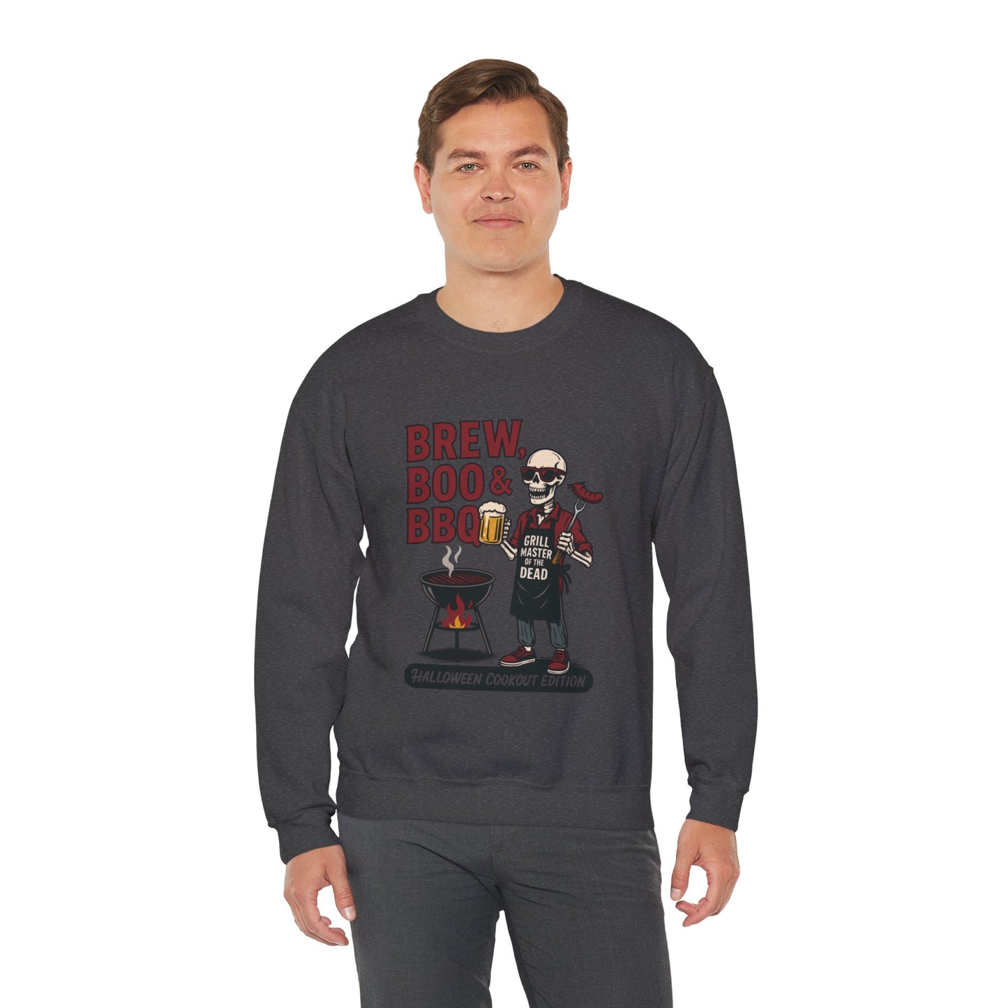 Halloween BBQ Men's Sweatshirt, Brew Boo & BBQ Skeleton Grill Master, Spooky Dad Gift, Skeleton Dad Sweat, Grill Master Crew