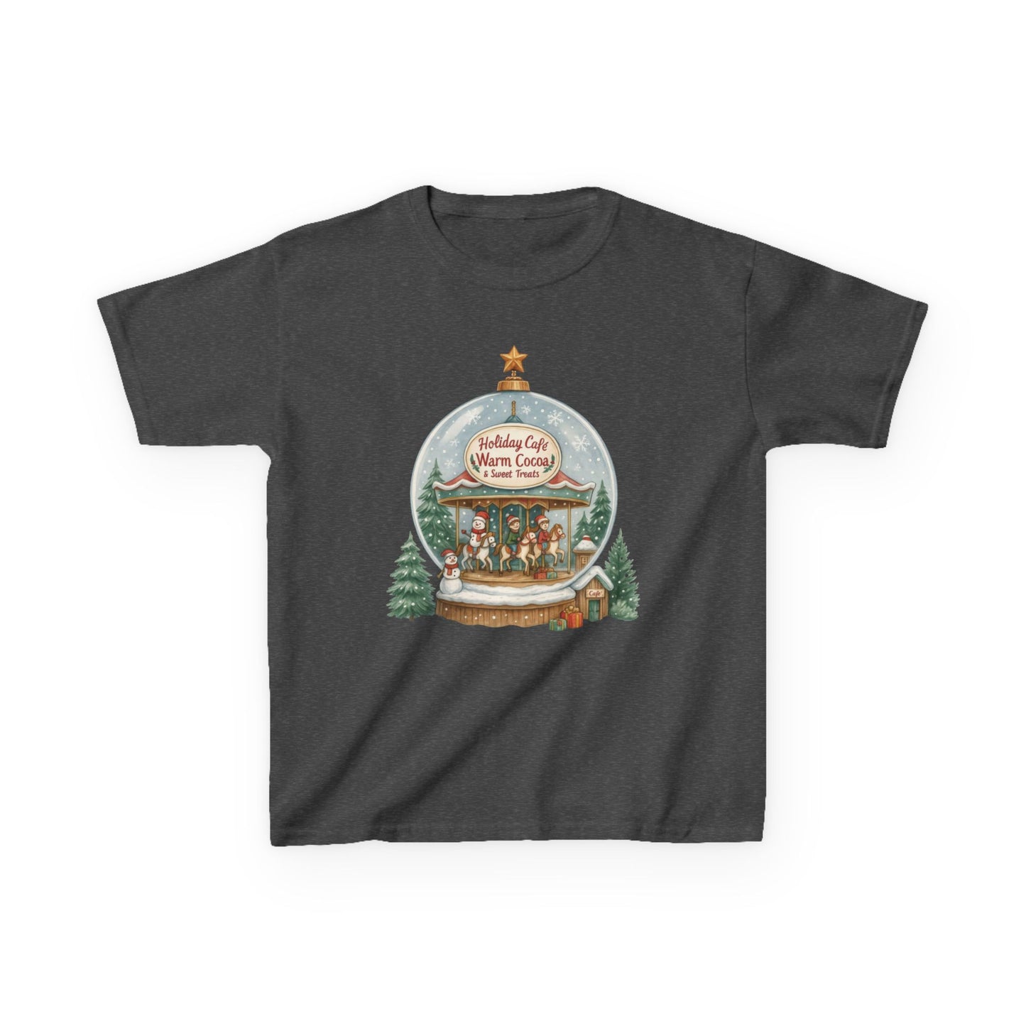 Youth Holiday Café Christmas T-Shirt, Warm Cocoa Carousel Kids Tee