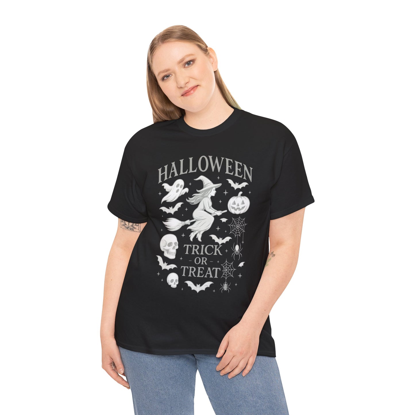 Halloween Witch Flying Broomstick T-Shirt, Trick or Treat Ghost Pumpkin Skull Spider Web Women's Tee