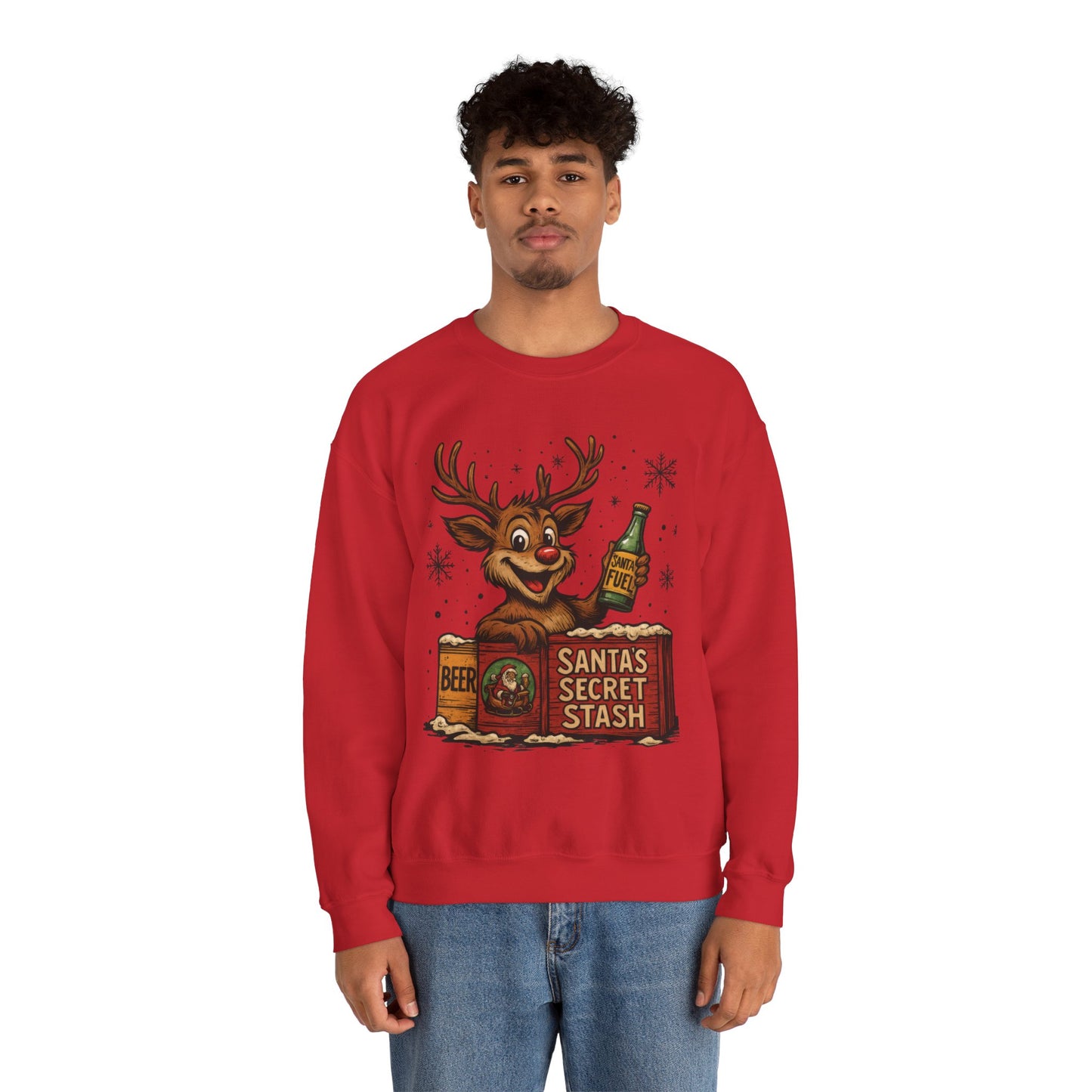 Mens Funny Christmas Sweatshirt, Santa's Secret Stash Reindeer Pullover, Men's Heavy Blend™ Crewneck Sweatshirt