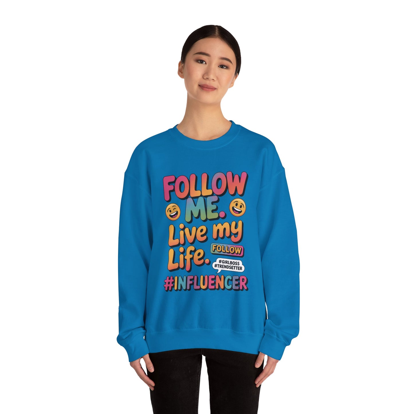 Womens Heavy Blend™ Crewneck Sweatshirt, Influencer Sweatshirt, Colorful Follow Me Live My Life Graphic Sweatshirt, Trendy GirlBoss Outfit
