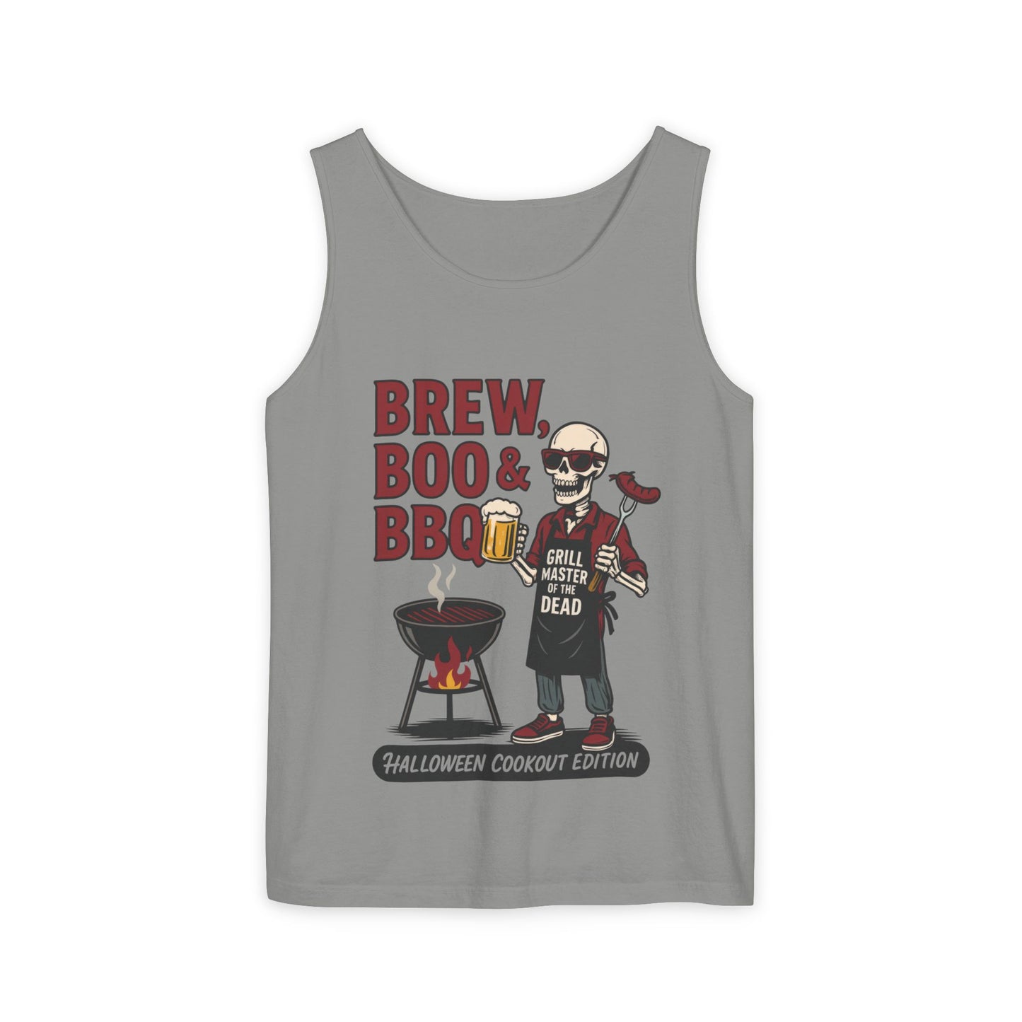 Halloween BBQ Men's Tank Top, Brew Boo & BBQ Skeleton Grill Master, Funny Dad Gift, Grill Master Top, Funny Skeleton Top