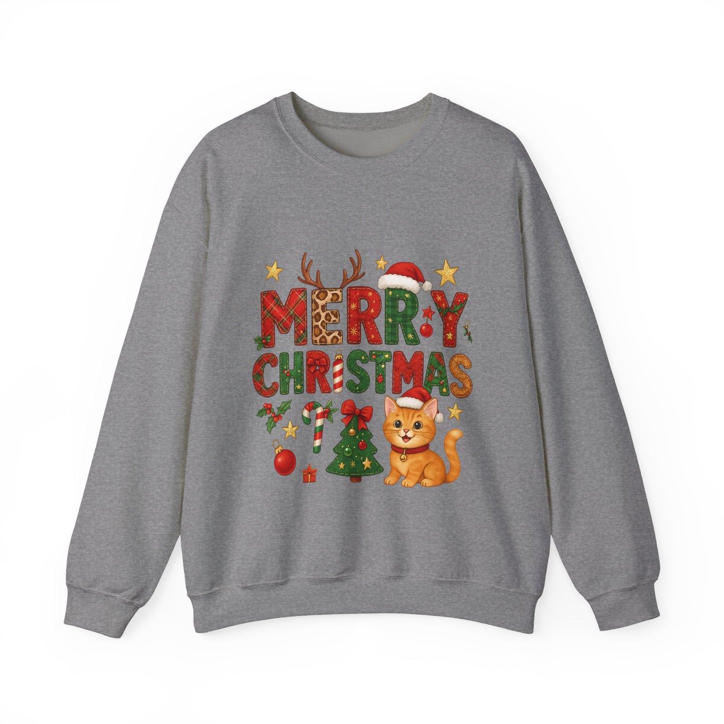 Women's Merry Christmas Cat Sweatshirt, Cozy Holiday Cat Lover Pullover, Women's Heavy Blend™ Crewneck Sweatshirt