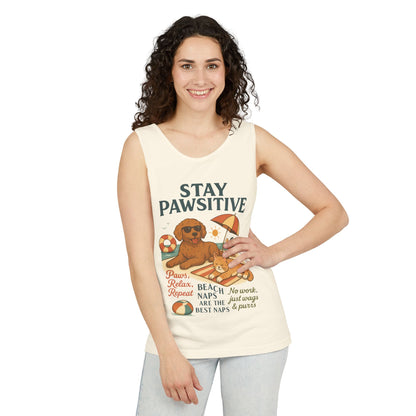 Stay Pawsitive Womens Tank, Cute Dog & Cat Beach Tee, Summer Pet Lover Tee, Animal Graphic Heavy Cotton Tee, Fun Pet Lovers Gift, Summer Top