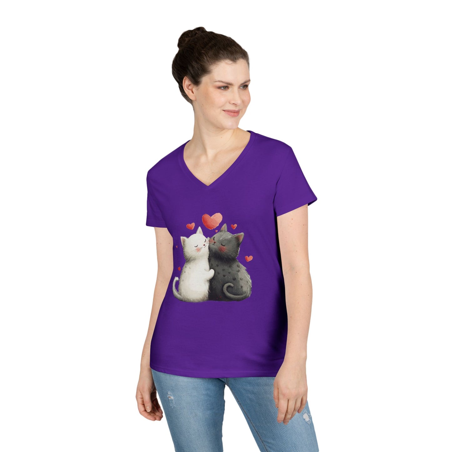 Cute Cat Love V-Neck T-Shirt, Animal Lover Gift, Valentine's Day Shirt, Cat Mom Gift, Cute Graphic Tee