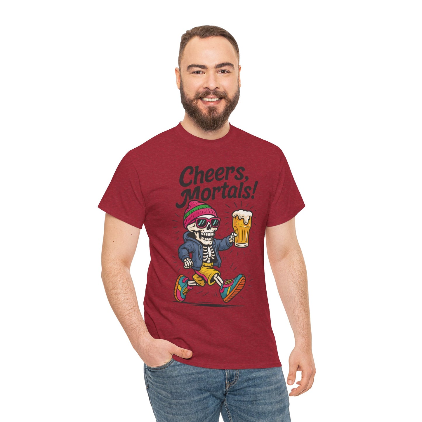 Cheers, Mortals! Mens Tee, Funny Skeleton Beer Graphic Tee, Cool Drinking Humor Shirt, Party Gift for Him, Halloween Tee,  Beer Lovers Gift
