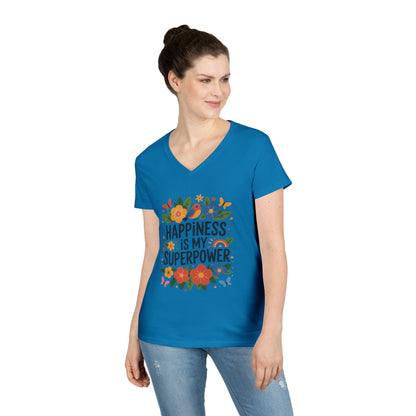 Happiness is My Superpower V-Neck T-Shirt, Floral Motivational Tee, Gift for Her, Positive Quote Shirt, Joyful Statement Tee