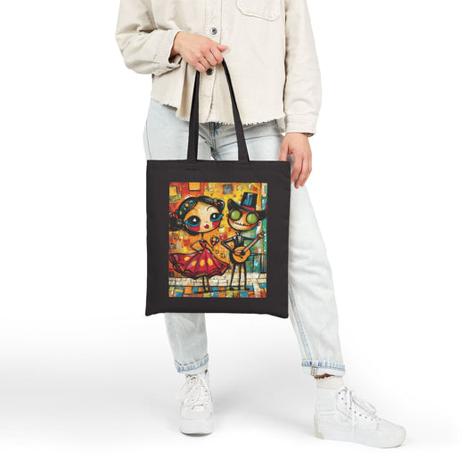 Colorful Cartoon Art Tote Bag, Quirky Gothic Skeleton and Flamenco Girl Illustration, Cotton Canvas Shopping Bag, Funky Day of the Dead Gift