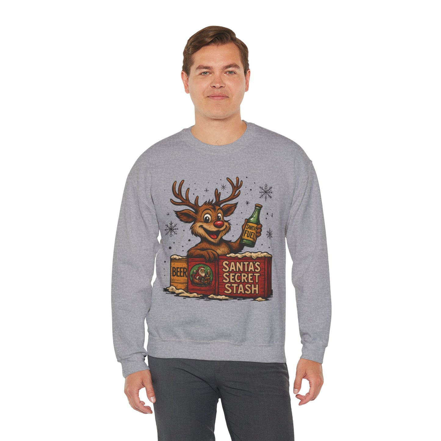 Mens Funny Christmas Sweatshirt, Santa's Secret Stash Reindeer Pullover, Men's Heavy Blend™ Crewneck Sweatshirt