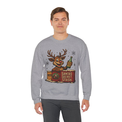 Mens Funny Christmas Sweatshirt, Santa's Secret Stash Reindeer Pullover, Men's Heavy Blend™ Crewneck Sweatshirt