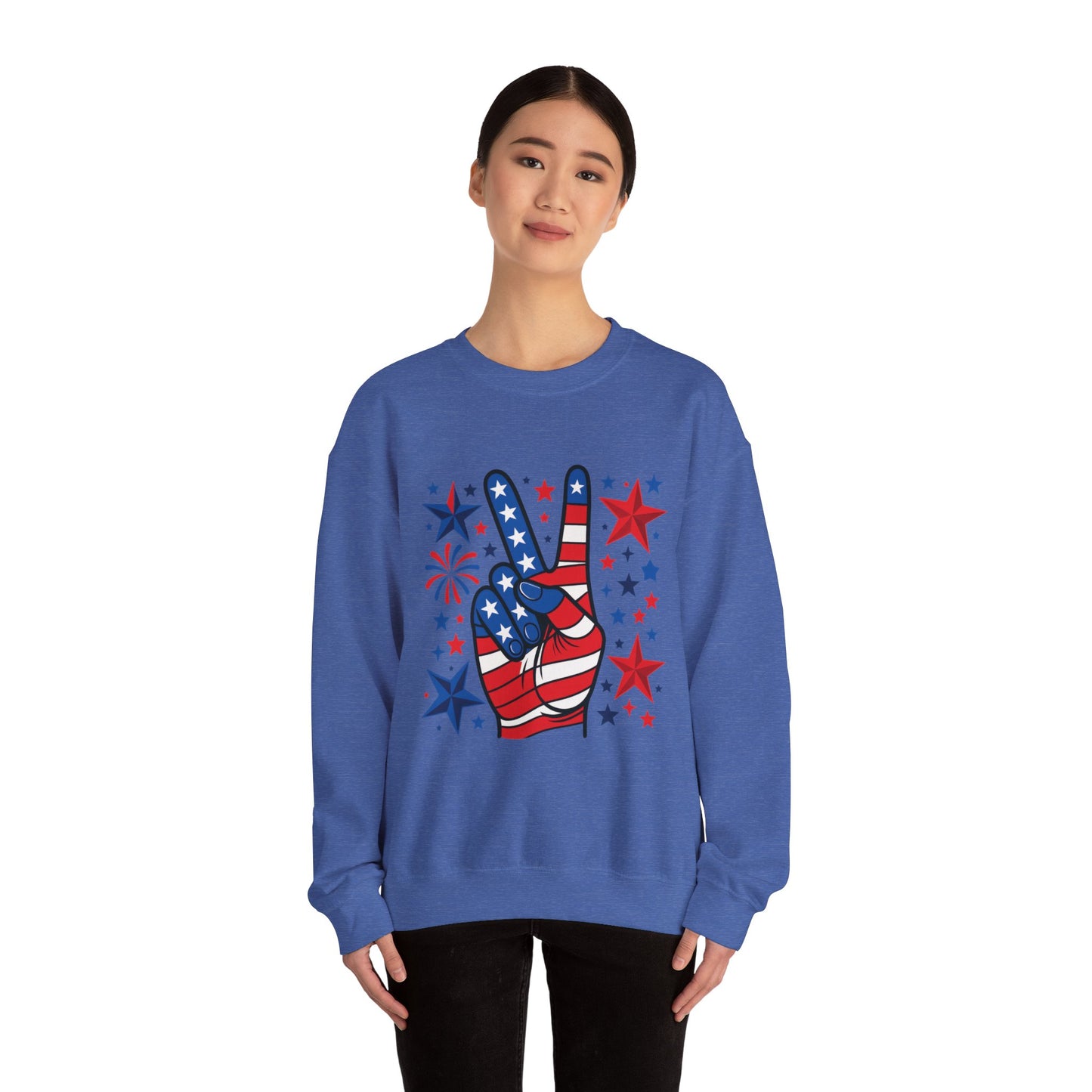 Patriotic Peace Crewneck Sweatshirt - Unisex Heavy Blend, 4th of July Clothing, Peace Sign Design, Casual Wear, Gift for Him/Her