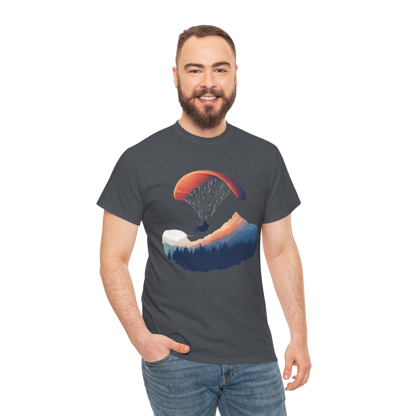 Paragliding Adventure T-Shirt, Mountain Landscape Tee, Nature Travel Lover Shirt, Outdoor Hiking Gift, Unisex Heavy Cotton Tee