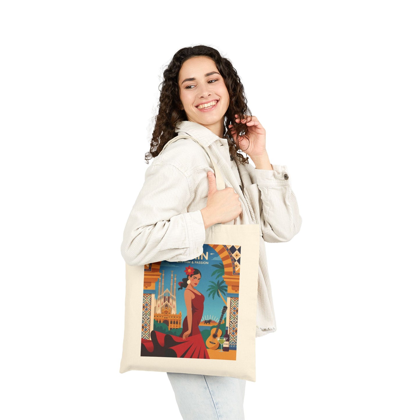 Spanish Rhythm Canvas Tote Bag, Eco-Friendly Shopper, Travel Essentials, Gift for Travelers, Sustainable Fashion