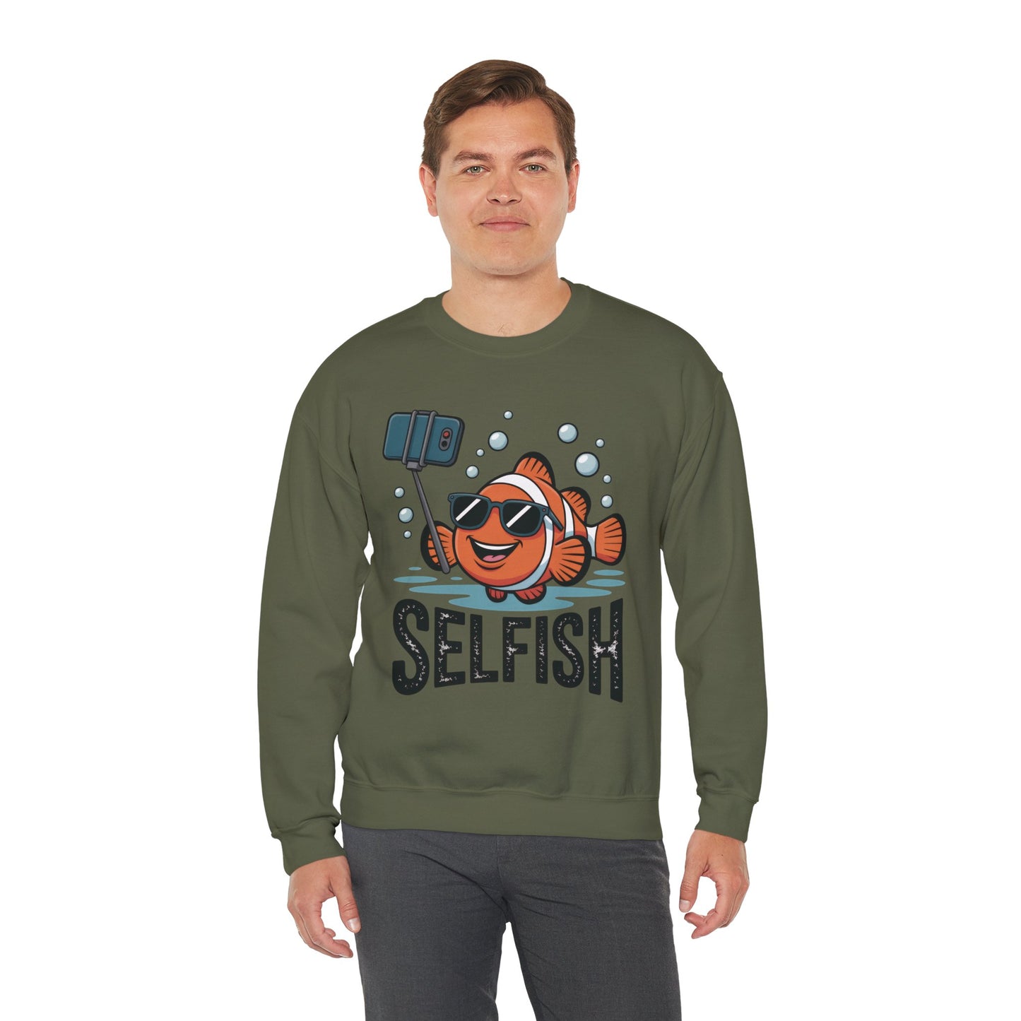 Unisex Heavy Blend™ Crewneck Sweatshirt, Mens Selfish Funny Fish Sweatshirt, Cute Selfie Pullover, Ocean Humor Top