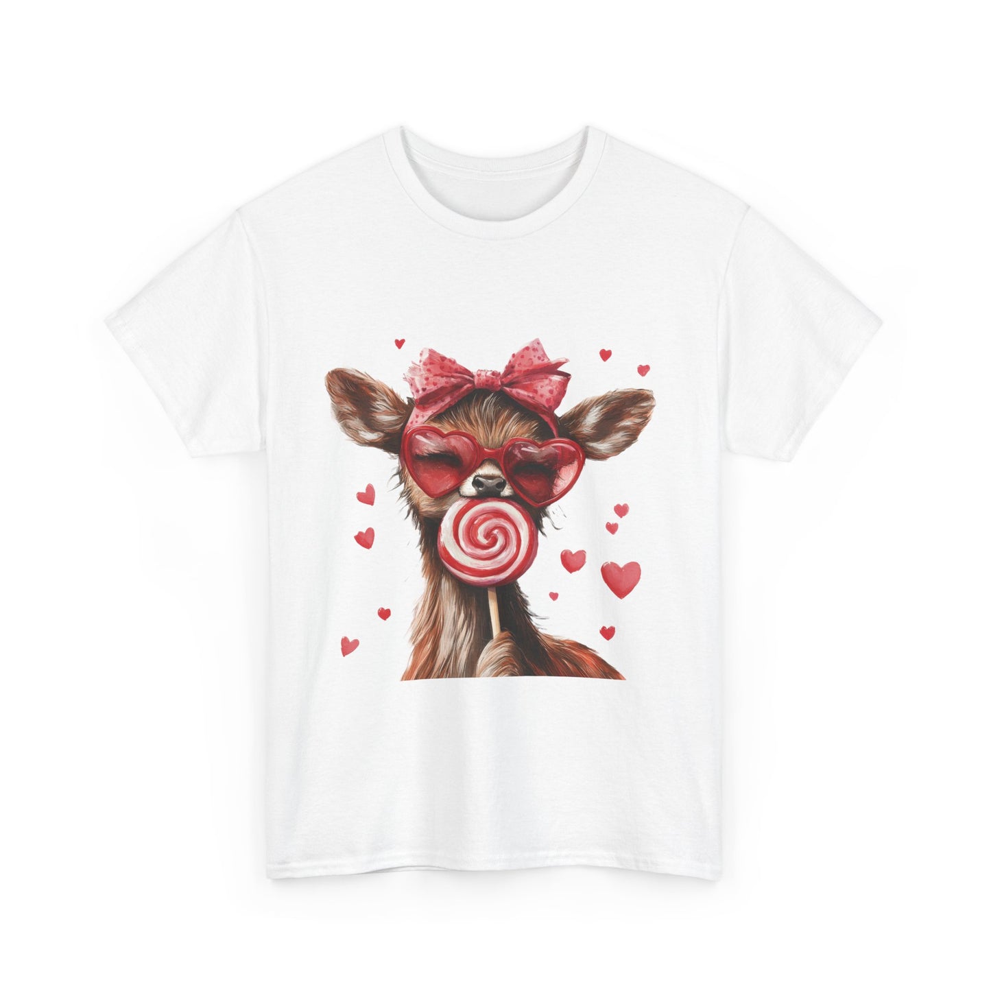 Cute Deer with Heart Glasses and Lollipop, Valentine's Day Heavy Cotton Tee, Fun Animal Love Shirt Gift for Her, Animal Lovers Shirt