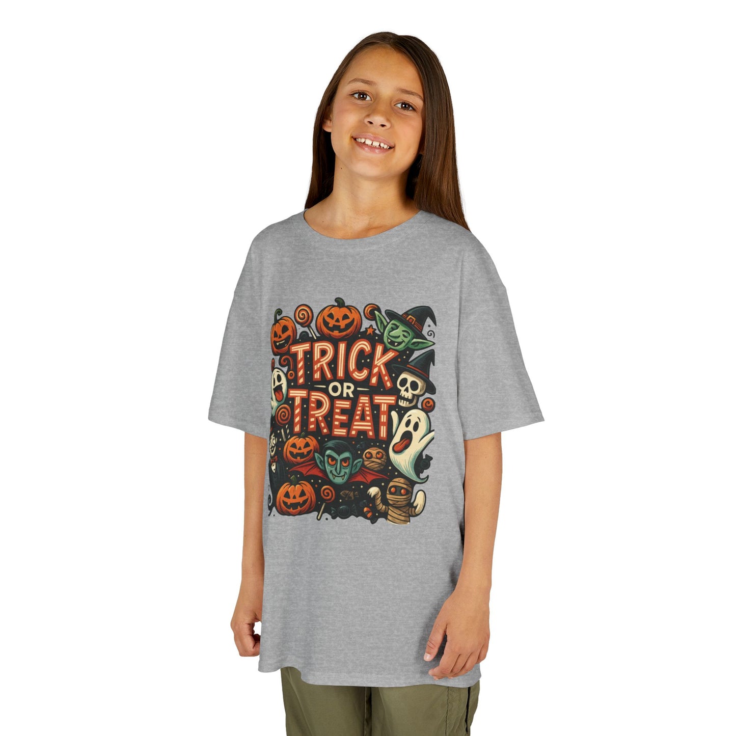 Kids Trick or Treat T-Shirt, Halloween Graphic Tee with Pumpkins, Ghosts & Vampires, Fun Spooky Shirt for Children