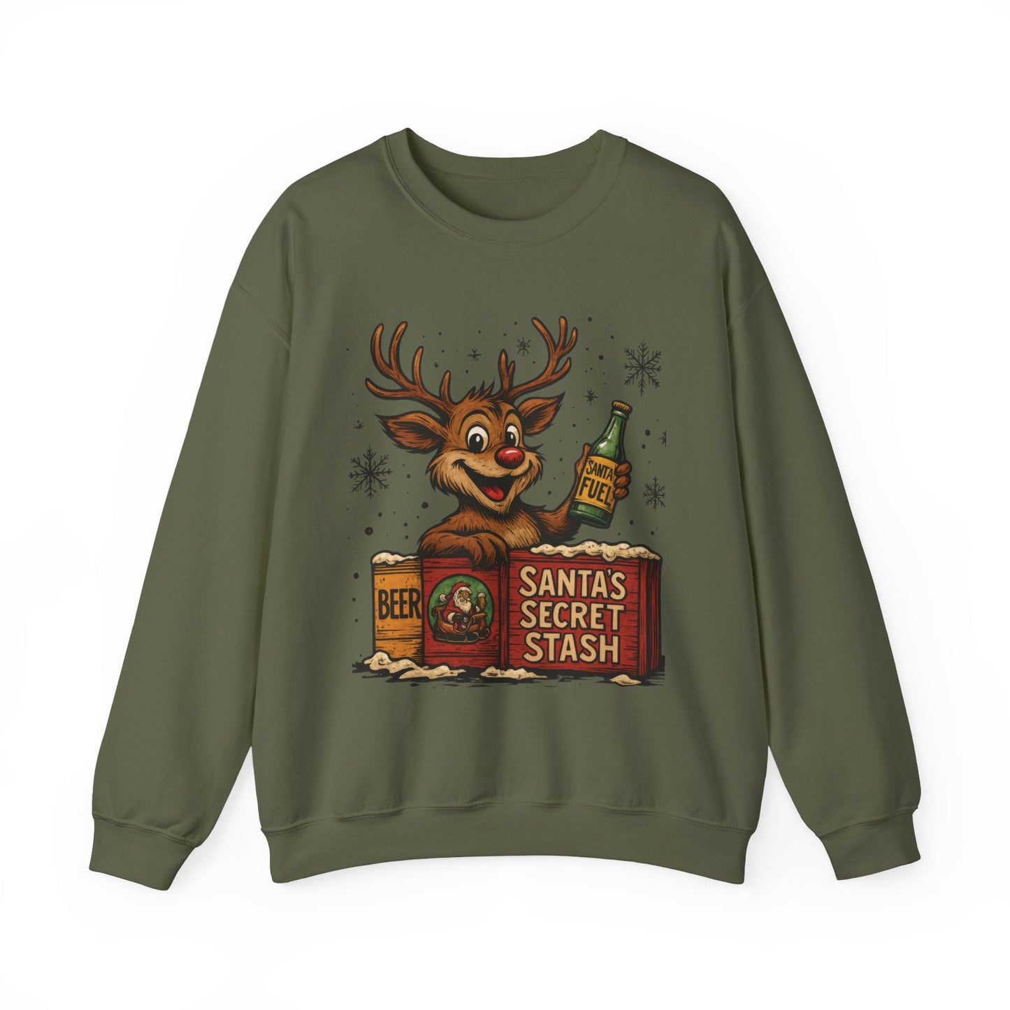 Mens Funny Christmas Sweatshirt, Santa's Secret Stash Reindeer Pullover, Men's Heavy Blend™ Crewneck Sweatshirt