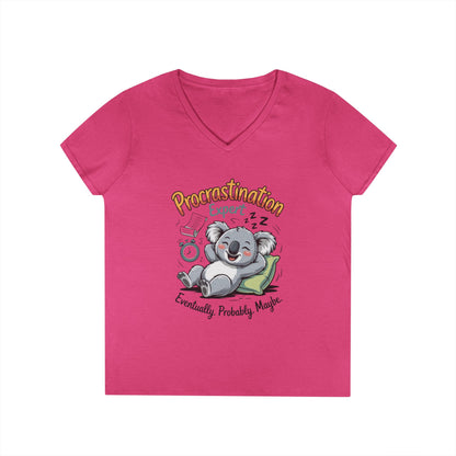 Procrastination Expert Ladies' V-Neck T-Shirt, Fun Tee for Lazy Days, Gift for Students, Casual Wear, Motivational Shirt, Cute Koala Design