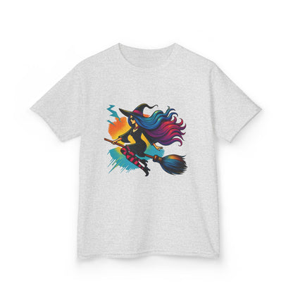 Girls Witch T-Shirt, Colorful Halloween Witch Graphic Tee for Kids, Fun Spooky Broomstick Shirt, Gift for Girls