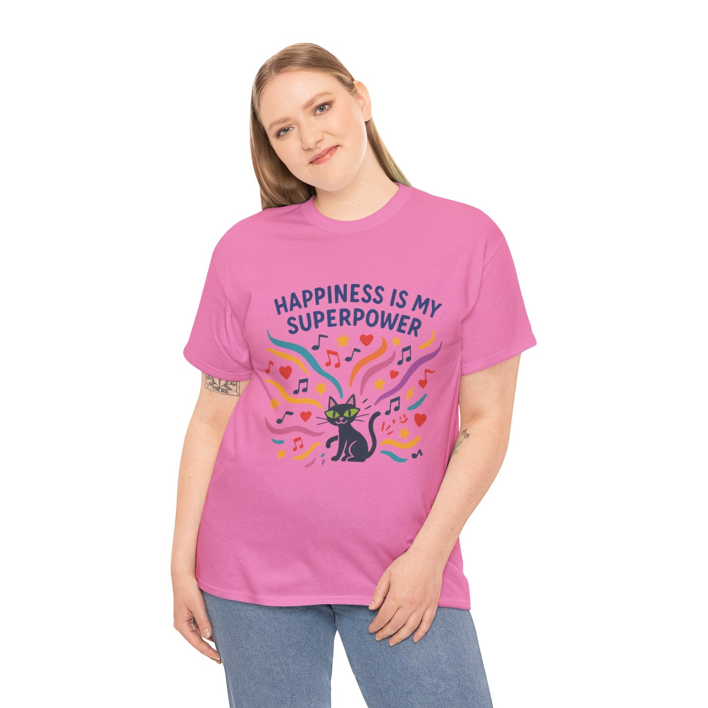 Happiness is My Superpower Tee - Fun Womens Cotton T-Shirt, Gift for Cat Lovers, Cute Pet Apparel, Everyday Wear, Positive Vibes