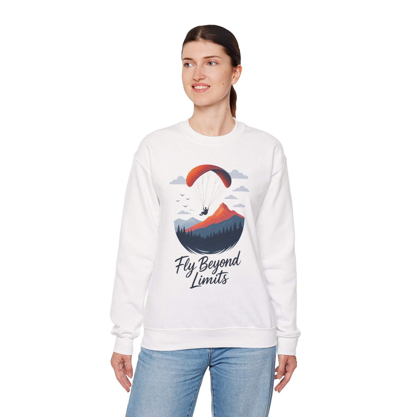 Adventure Inspiration Crewneck Sweatshirt - Fly Beyond Limits, Cozy Outdoor Outfit, Gift for Adventurers, Travel, Motivation Apparel