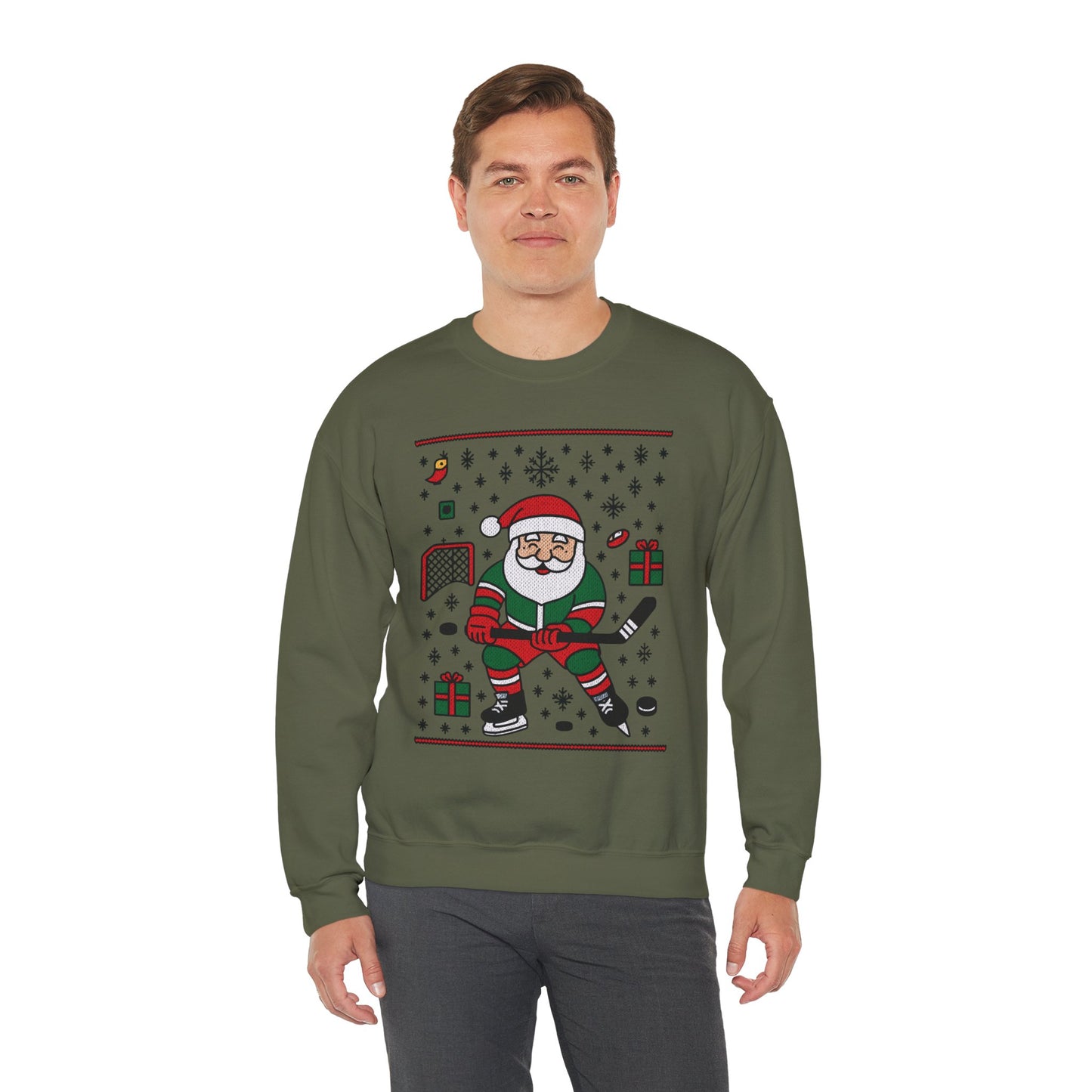 Hockey Santa Men's Christmas Sweatshirt, Funny Sports Holiday Jumper
