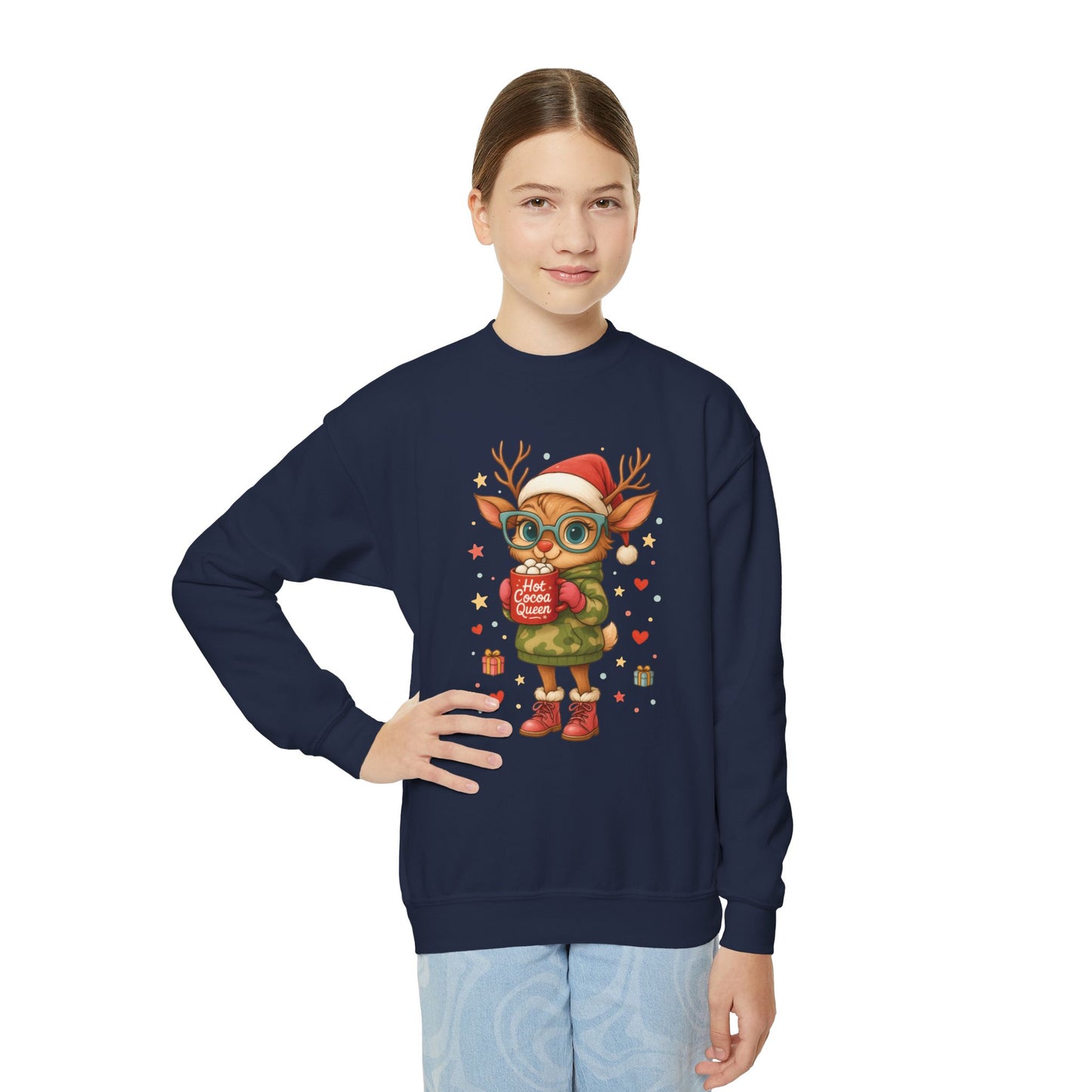 Hot Cocoa Queen Christmas Sweatshirt for Girls, Cute Holiday Reindeer Jumper