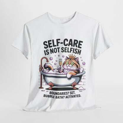 Womens Heavy Cotton Tee, Self-Care Cat Shirt, Funny Cat Bubble Bath Tee, Relaxing Kitty Graphic, Self Care Is Not Selfish Womens T-Shirt