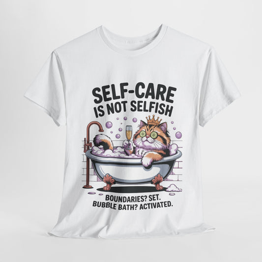 Womens Heavy Cotton Tee, Self-Care Cat Shirt, Funny Cat Bubble Bath Tee, Relaxing Kitty Graphic, Self Care Is Not Selfish Womens T-Shirt