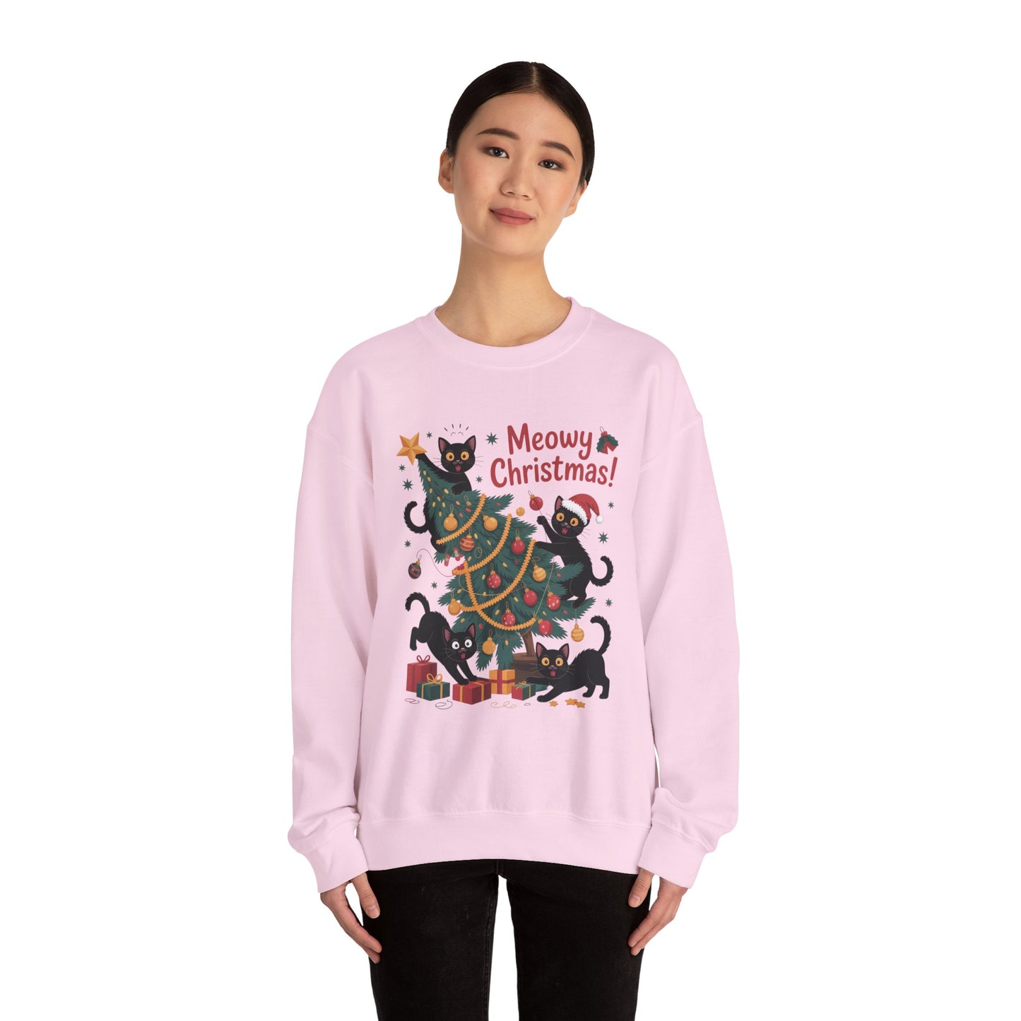Black Cats Christmas Tree Sweatshirt, Funny Cat Lover Holiday Sweater, Cute Christmas Cat Chaos Jumper