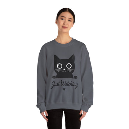 Funny Black Cat Womens Crewneck Sweatshirt - Just Watching Minimalist Kitty Pullover - Cozy Cat Lover Gift, Pet Owner Apparel