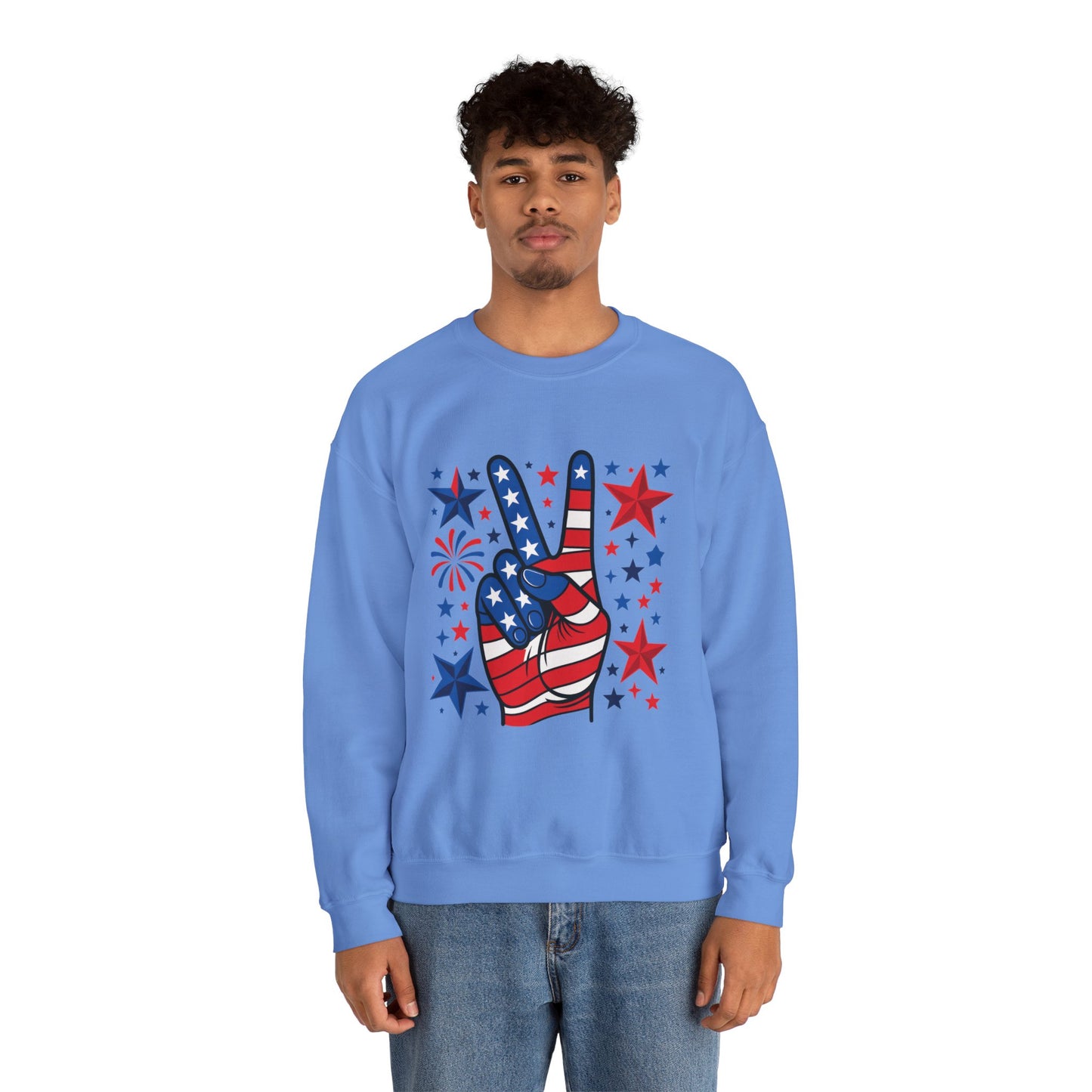 Patriotic Peace Crewneck Sweatshirt - Unisex Heavy Blend, 4th of July Clothing, Peace Sign Design, Casual Wear, Gift for Him/Her