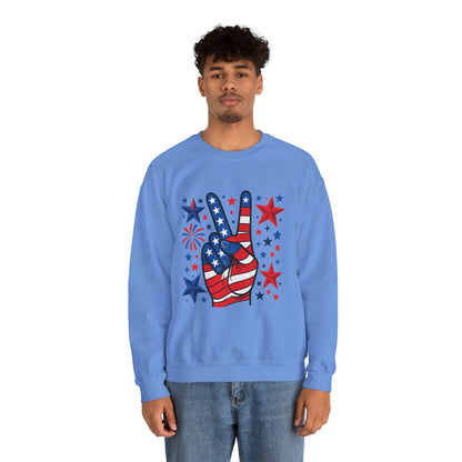 Patriotic Peace Crewneck Sweatshirt - Unisex Heavy Blend, 4th of July Clothing, Peace Sign Design, Casual Wear, Gift for Him/Her