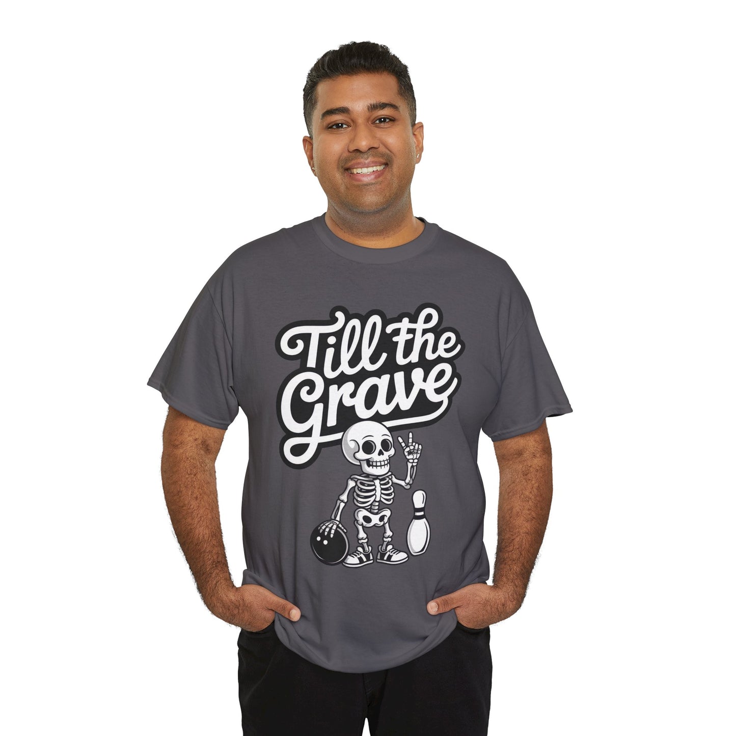Skeleton Bowling Graphic Tee, Mens Heavy Cotton Tee, Funny Halloween Shirt, Gift for Bowlers, Retro Style Apparel, Casual Wear