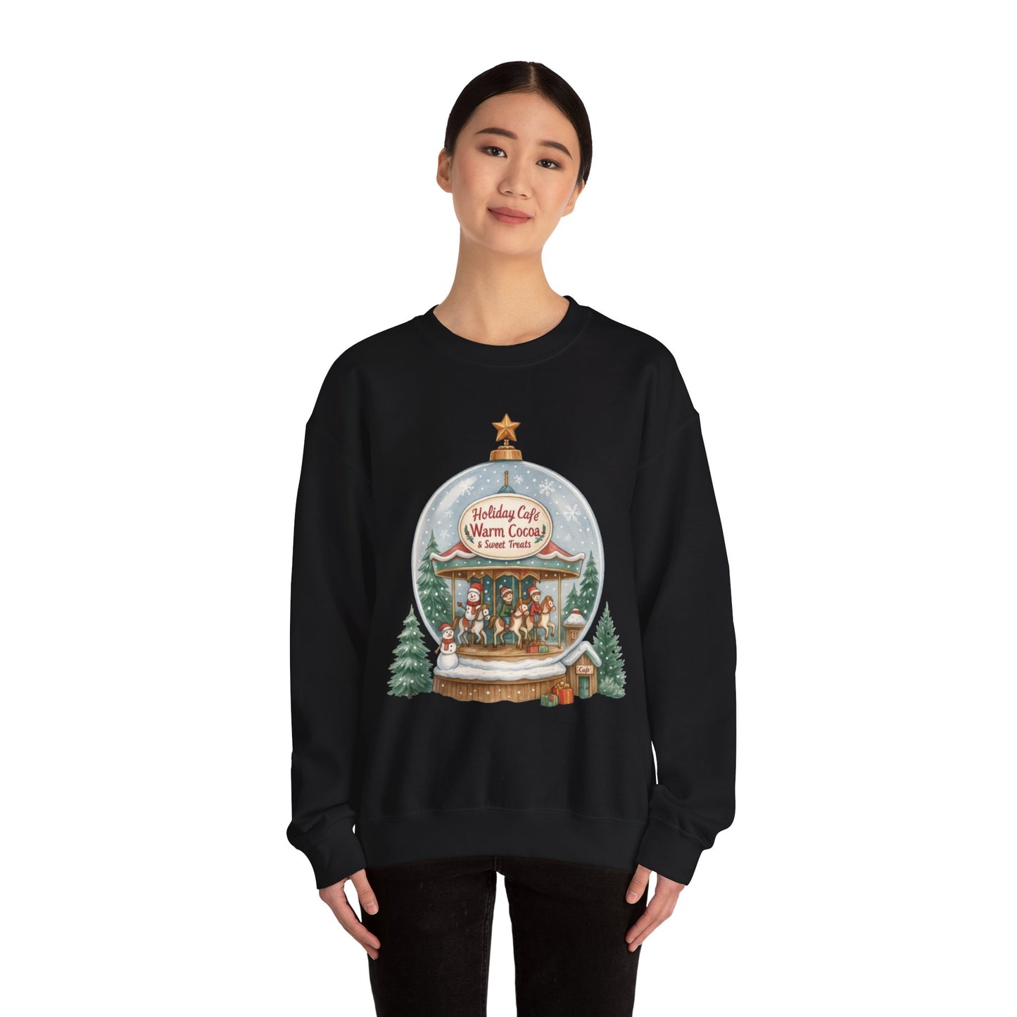 Holiday Café Christmas Sweatshirt, Warm Cocoa Snow Globe Pullover