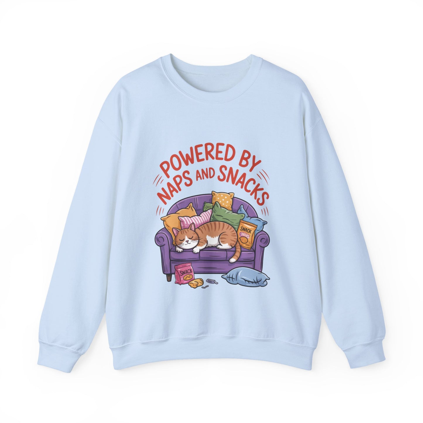 Powered by Naps and Snacks Sweatshirt, Cozy Lounge Crewneck, Gifts for Cat Lovers, Funny Cat Sweatshirt, Casual Everyday Wear