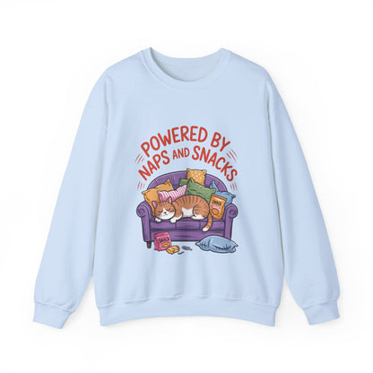 Powered by Naps and Snacks Sweatshirt, Cozy Lounge Crewneck, Gifts for Cat Lovers, Funny Cat Sweatshirt, Casual Everyday Wear